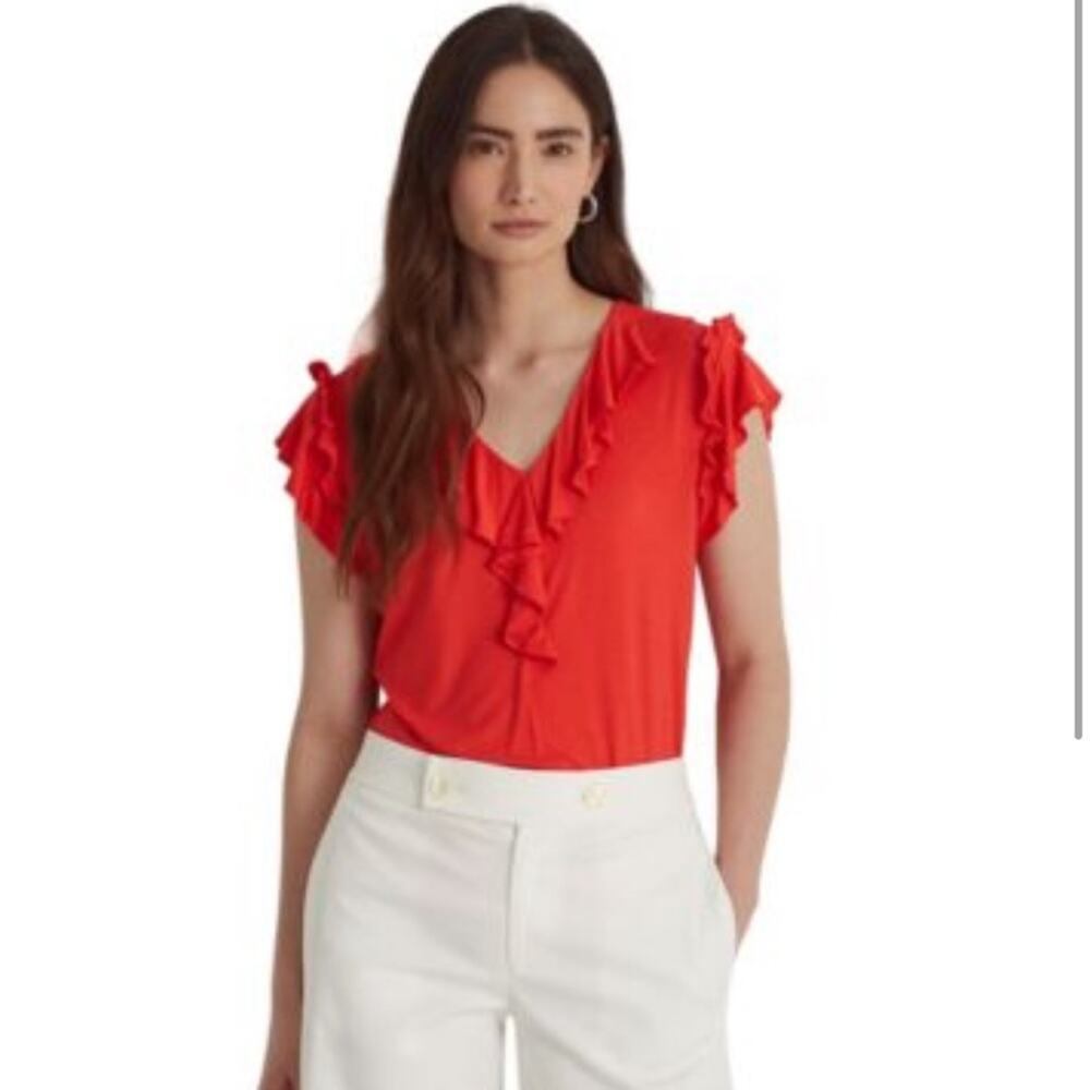 Lauren Ralph Lauren Top NWT Ruffle Trim & Sleeve V-Neck Red Womens 2XL